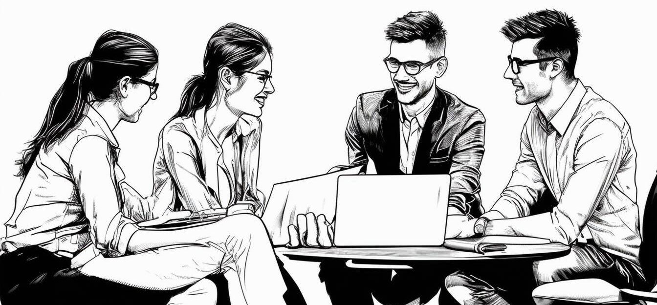 young group of casual business people talking and discussing in black and white-2-1 young group of casual business people talking and discussing in black and white-2-1